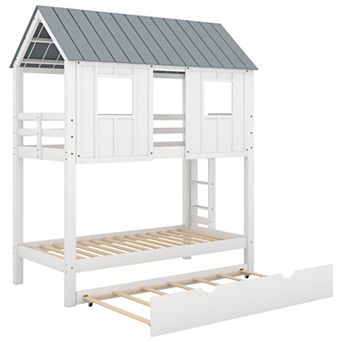 Trikiousd Twin Over Twin House Bunk Bed with Trundle, Twin Kids Low Pine Bed Frame w/ Roof & Window