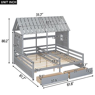 Trikiousd Twin House Bed Double Platform Bed for 2 Kids, Two Shared Beds Wood Bed Frame w/ 2 Drawers