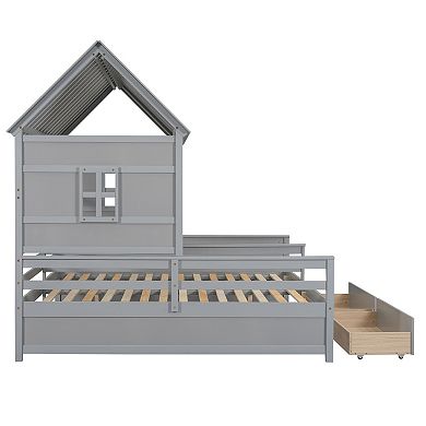 Trikiousd Twin House Bed Double Platform Bed for 2 Kids, Two Shared Beds Wood Bed Frame w/ 2 Drawers