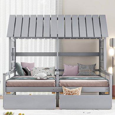Trikiousd Twin House Bed Double Platform Bed for 2 Kids, Two Shared Beds Wood Bed Frame w/ 2 Drawers