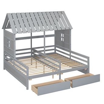 Trikiousd Twin House Bed Double Platform Bed for 2 Kids, Two Shared Beds Wood Bed Frame w/ 2 Drawers