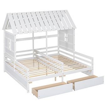 Trikiousd Twin House Bed Double Platform Bed for 2 Kids, Two Shared Beds Wood Bed Frame w/ 2 Drawers