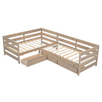 Trikiousd L-Shaped Platform Bed Twin Size Corner Bed Frame with 3 Storage Drawers