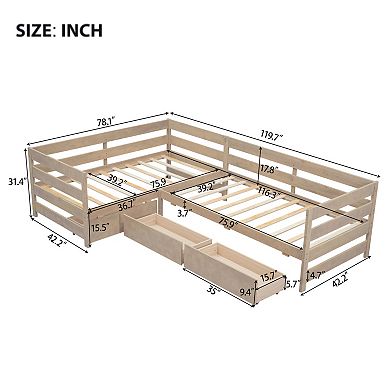 Trikiousd L-Shaped Platform Bed Twin Size Corner Bed Frame with 3 Storage Drawers