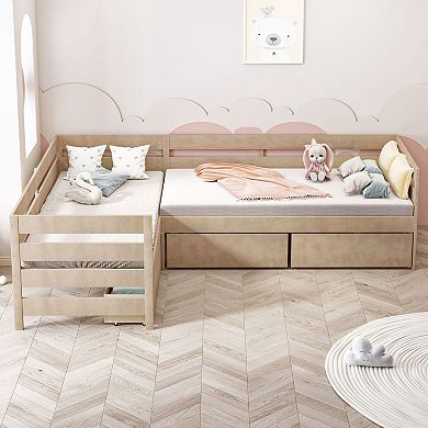 Trikiousd L-Shaped Platform Bed Twin Size Corner Bed Frame with 3 Storage Drawers