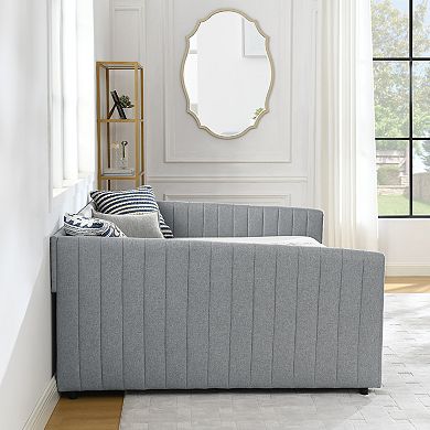 Trikiousd Linen Fabric Daybed Queen Size Corner Sofa Bed Frame with 2 Drawers