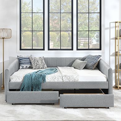 Trikiousd Linen Fabric Daybed Queen Size Corner Sofa Bed Frame with 2 Drawers
