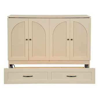 Trikiousd Murphy Cabinet Bed w/Storage Drawer, Full-Size Foldable Wall Bed Frame w/Charging Station