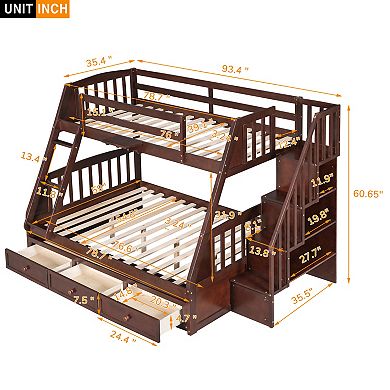 Trikiousd Wood Twin Over Full Bunk Bed with 3 Drawers, Ladder and Storage Staircase