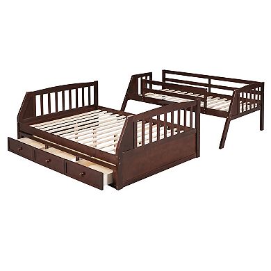 Trikiousd Wood Twin Over Full Bunk Bed with 3 Drawers, Ladder and Storage Staircase