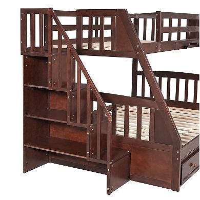 Trikiousd Wood Twin Over Full Bunk Bed with 3 Drawers, Ladder and Storage Staircase