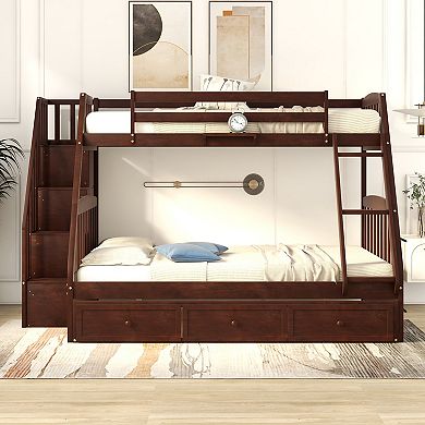 Trikiousd Wood Twin Over Full Bunk Bed with 3 Drawers, Ladder and Storage Staircase