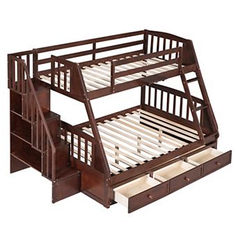Trikiousd Wood Twin Over Full Bunk Bed with 3 Drawers, Ladder and Storage Staircase