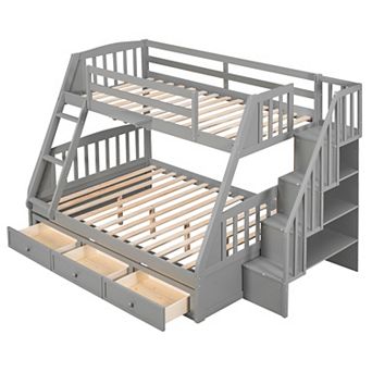 Trikiousd Wood Twin Over Full Bunk Bed with 3 Drawers, Ladder and Storage Staircase