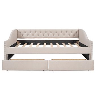 Trikiousd Upholstered Full Daybed with 2 Storage Drawers, Linen Fabric Wood Sofa Bed Rivets Armrests