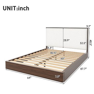 Trikiousd Grounding Platform Bed with Boucle Upholstered Headboard, Wood Low Profile Bed Floor Bed