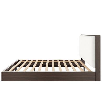 Trikiousd Grounding Platform Bed with Boucle Upholstered Headboard, Wood Low Profile Bed Floor Bed