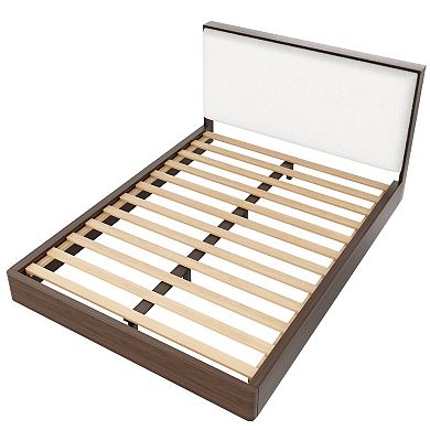 Trikiousd Grounding Platform Bed with Boucle Upholstered Headboard, Wood Low Profile Bed Floor Bed