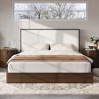 Trikiousd Grounding Platform Bed with Boucle Upholstered Headboard, Wood Low Profile Bed Floor Bed