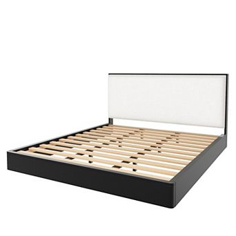 Trikiousd Grounding Platform Bed with Boucle Upholstered Headboard, Wood Low Profile Bed Floor Bed
