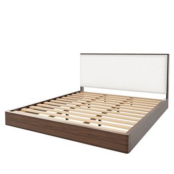 Trikiousd Grounding Platform Bed with Boucle Upholstered Headboard, Wood Low Profile Bed Floor Bed