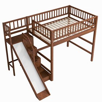 Trikiousd Kids Loft Bed Pine Wood Bed Frame with Storage Staircase Slide and LED Light