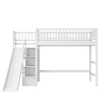 Trikiousd Kids Loft Bed Pine Wood Bed Frame with Storage Staircase Slide and LED Light