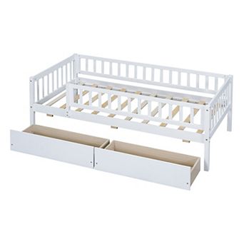 Trikiousd Twin Kids Bed with 2 Storage Drawers, Wood Montessori Bed with Rails Low Daybed