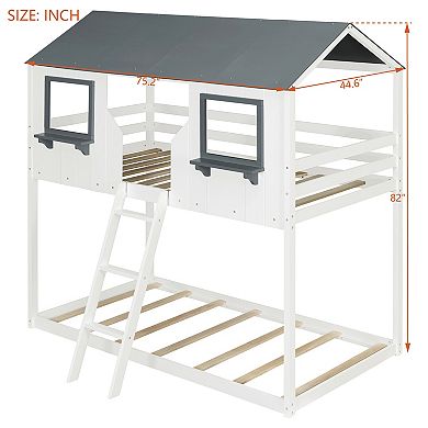 Trikiousd Twin Over Twin Bunk Bed Solid Wood Playhouse Kids Bed with Roof and Window