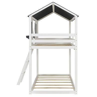 Trikiousd Twin Over Twin Bunk Bed Solid Wood Playhouse Kids Bed with Roof and Window