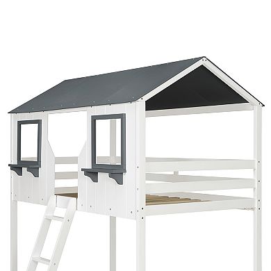 Trikiousd Twin Over Twin Bunk Bed Solid Wood Playhouse Kids Bed with Roof and Window