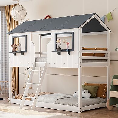Trikiousd Twin Over Twin Bunk Bed Solid Wood Playhouse Kids Bed with Roof and Window