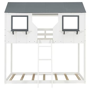Trikiousd Twin Over Twin Bunk Bed Solid Wood Playhouse Kids Bed with Roof and Window