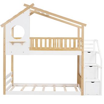 Trikiousd Twin Over Twin Kids Bunk Bed House Floor Bed with Stairway