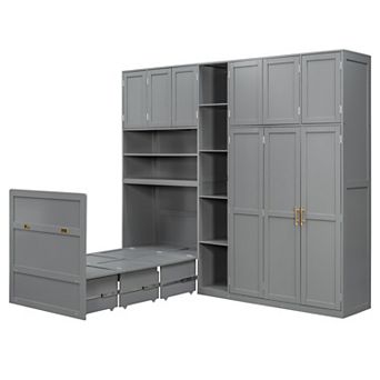 Trikiousd Twin Murphy Cabinet Bed w/ Wardrobe, 5 tier LED Display Shelves, Overhead Cabinets