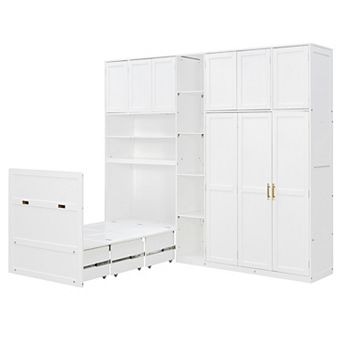 Trikiousd Twin Murphy Cabinet Bed w/ Wardrobe, 5 tier LED Display Shelves, Overhead Cabinets