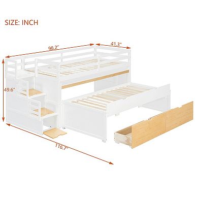 Trikiousd Loft Bed w/ Pull-Out Desk & Twin Trundle, Storage Bunk Bed with 2 Drawers Gaming Bedframe