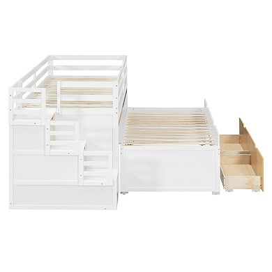 Trikiousd Loft Bed w/ Pull-Out Desk & Twin Trundle, Storage Bunk Bed with 2 Drawers Gaming Bedframe