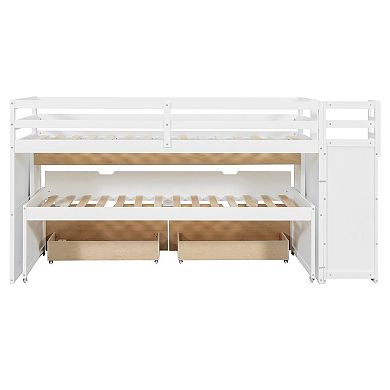 Trikiousd Loft Bed w/ Pull-Out Desk & Twin Trundle, Storage Bunk Bed with 2 Drawers Gaming Bedframe