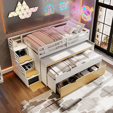 Trikiousd Loft Bed w/ Pull-Out Desk & Twin Trundle, Storage Bunk Bed with 2 Drawers Gaming Bedframe