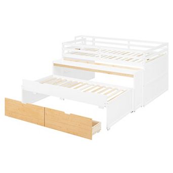 Trikiousd Loft Bed w/ Pull-Out Desk & Twin Trundle, Storage Bunk Bed with 2 Drawers Gaming Bedframe