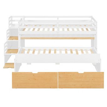 Trikiousd Loft Bed w/ Pull-Out Desk & Twin Trundle, Storage Bunk Bed with 2 Drawers Gaming Bedframe