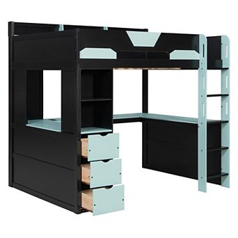 Trikiousd Full Size Wood Gaming Loft Bed w/U-Shaped Desk, 3 Drawers, Smart RGB LED Lights &USB Ports