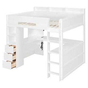 Trikiousd Full Size Wood Gaming Loft Bed w/U-Shaped Desk, 3 Drawers, Smart RGB LED Lights &USB Ports