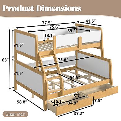 Trikiousd Twin Over Full Bunk Bed with 2 Drawers, Solid Wood Convertible Bed Frame