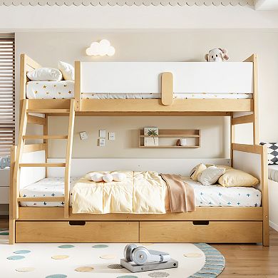 Trikiousd Twin Over Full Bunk Bed with 2 Drawers, Solid Wood Convertible Bed Frame