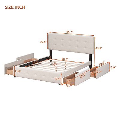 Trikiousd Modern Queen Size Storage Bed Frame Linen Upholstered Platform Bed with 4 Drawers