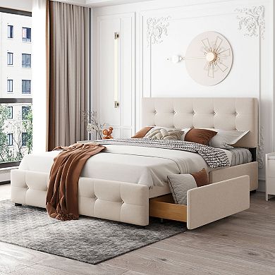 Trikiousd Modern Queen Size Storage Bed Frame Linen Upholstered Platform Bed with 4 Drawers