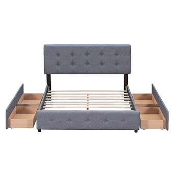 Trikiousd Modern Queen Size Storage Bed Frame Linen Upholstered Platform Bed with 4 Drawers