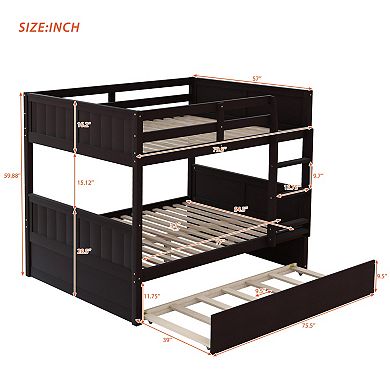 Trikiousd Full Over Full Bunk Bed with Twin Trundle, 3-in-1 Solid Wood Bed Converts to 2 Full Beds